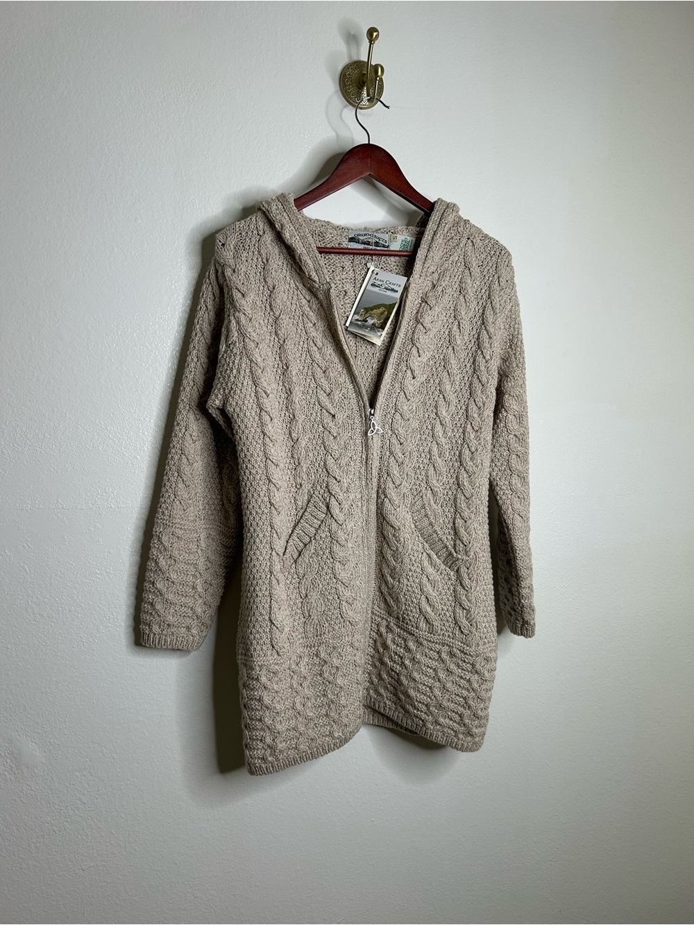 NWT Aran Crafts 100% Merino Wool Tan Thick Cable Knit Hooded Zip Front Sweater